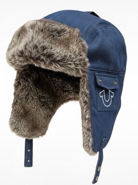 True Religion Denim Fur Trapper Hat | Ear Flap Aviator Hat | Navy Blue